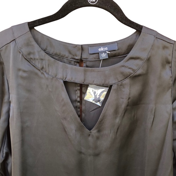Ellos 12 Black Blouse Shirt Popover Satin Split Bell Sleeves Peep Keyhole Button - Picture 4 of 9